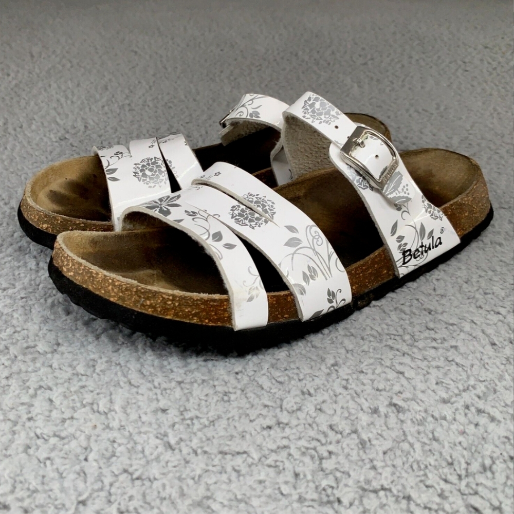 Birkenstock White and Gray Floral Sandals